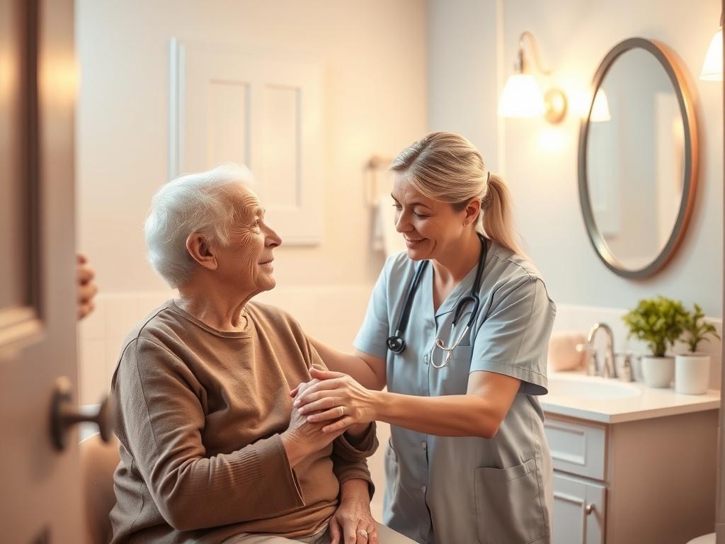 A caregiver helping an elderly person with grooming in a warm, inviting bathroom. The caregiver, with a gentle demeanor, assists the elderly person, who looks relaxed and comfortable. Soft lighting enhances the peaceful atmosphere, while a neatly arranged vanity in the background adds a personal touch.