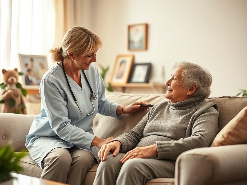 A serene living room setting with a caregiver gently interacting with an elderly person sitting on a comfortable sofa. Soft, warm lighting fills the scene, creating a peaceful atmosphere. The caregiver is smiling and showing concern, while the elderly person appears relaxed and engaged. The background features family photos and plants, adding a personal touch to the environment.