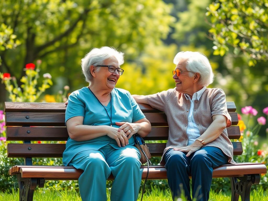 An elderly person and a caregiver sitting on a park bench, enjoying a sunny day together. The caregiver is laughing and sharing a light moment with the elderly person. The scene captures the warmth of their relationship, with vibrant greenery and flowers in the background, evoking a sense of joy and companionship.