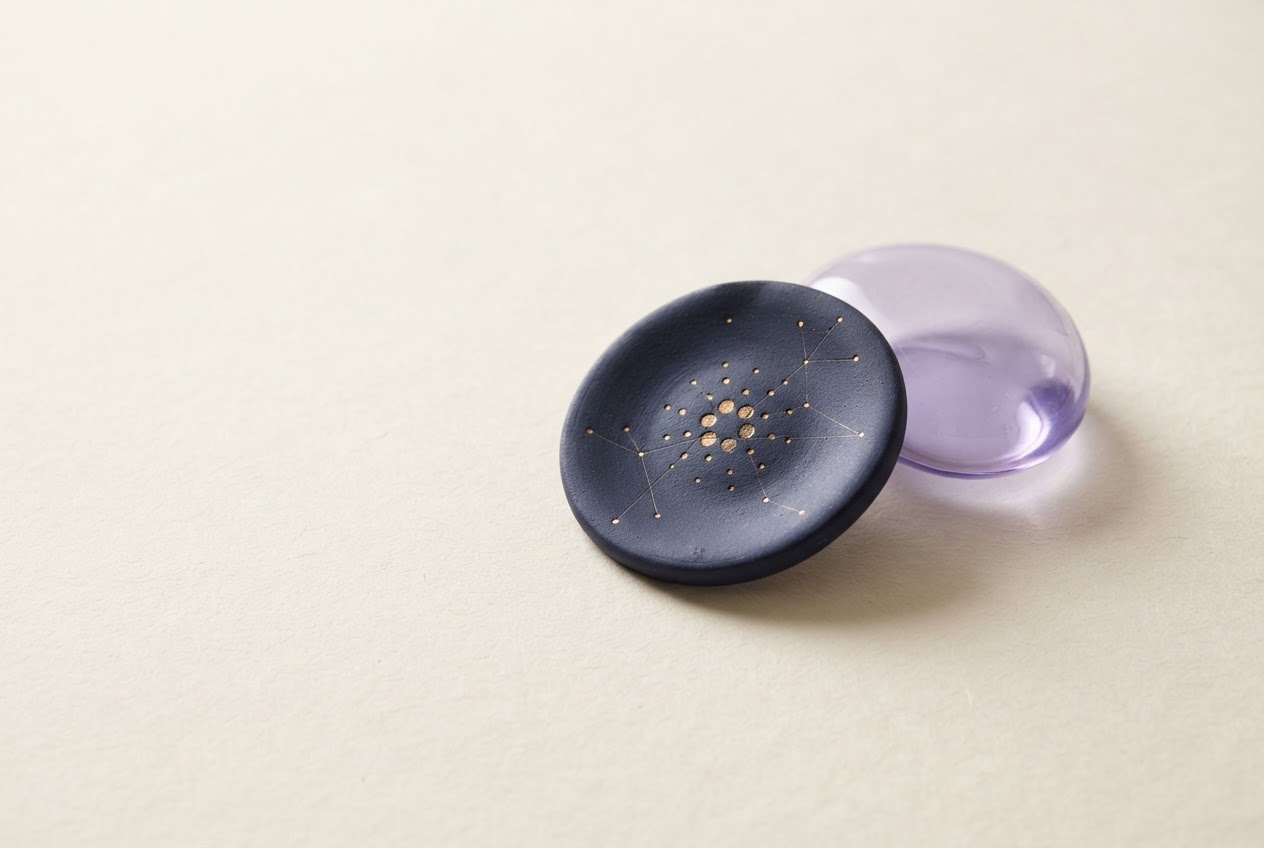 Abstract editorial still life in indigo and lavender, inspired by connected digital assets