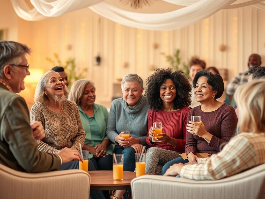 A group of diverse individuals gathered in a warm, inviting