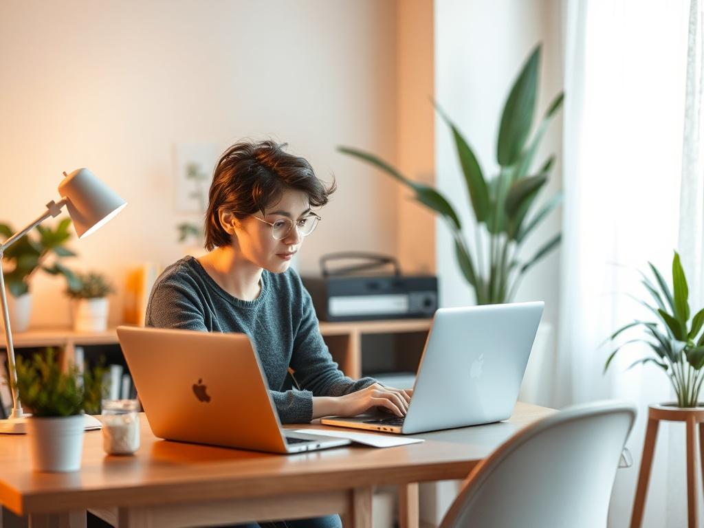 A person sitting at a cozy desk, thoughtfully filling out