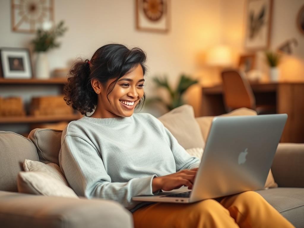 A person smiling while engaged in a video call on