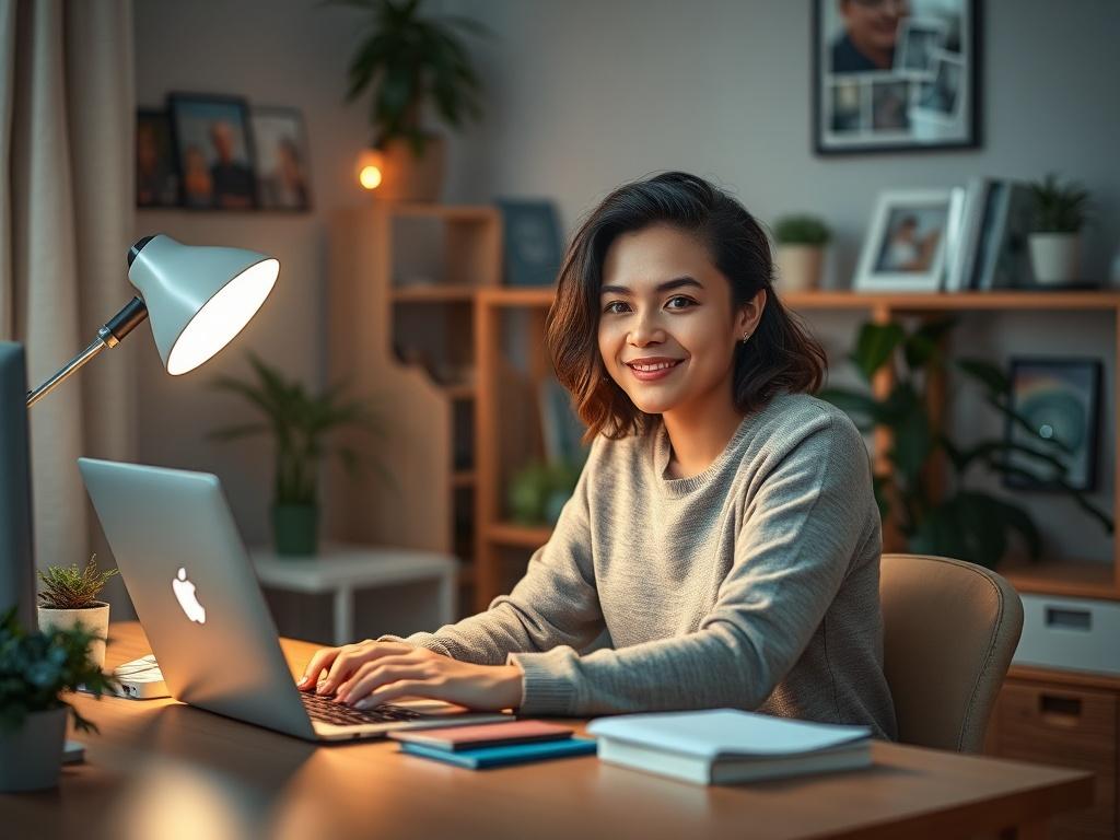 A friendly individual sitting at a cozy desk, focused on