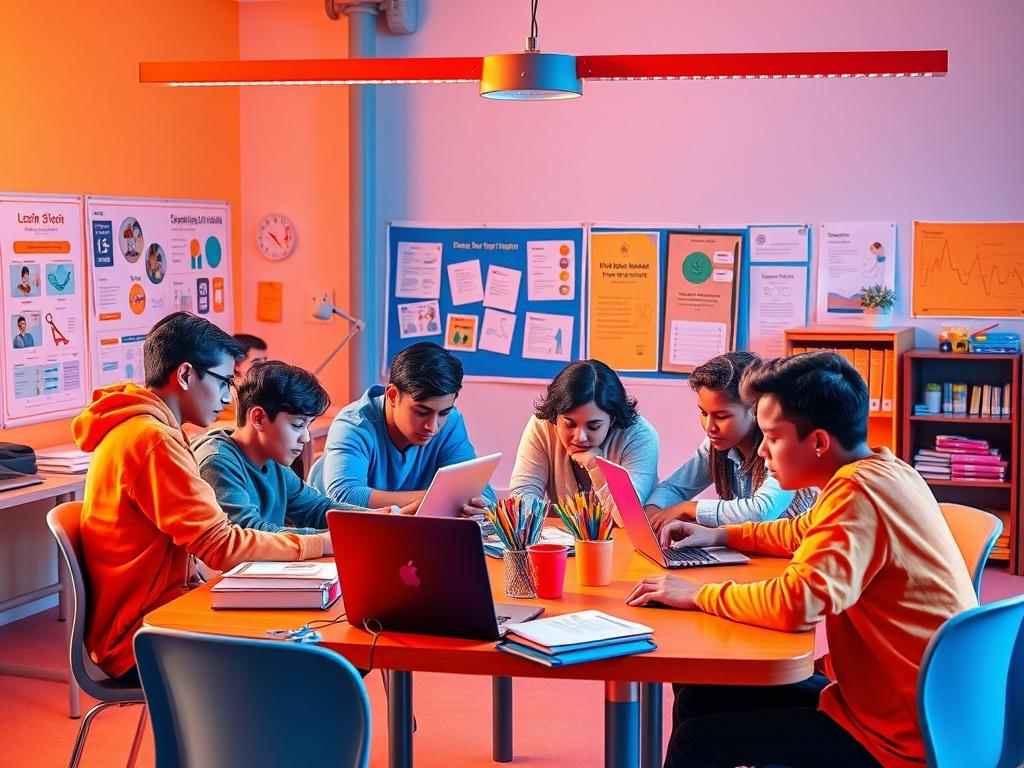 A vibrant classroom setting showcasing students engaged in collaborative learning,