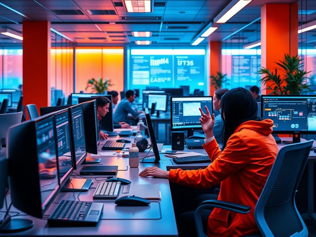 An administrative office with staff collaborating on computers, showcasing a