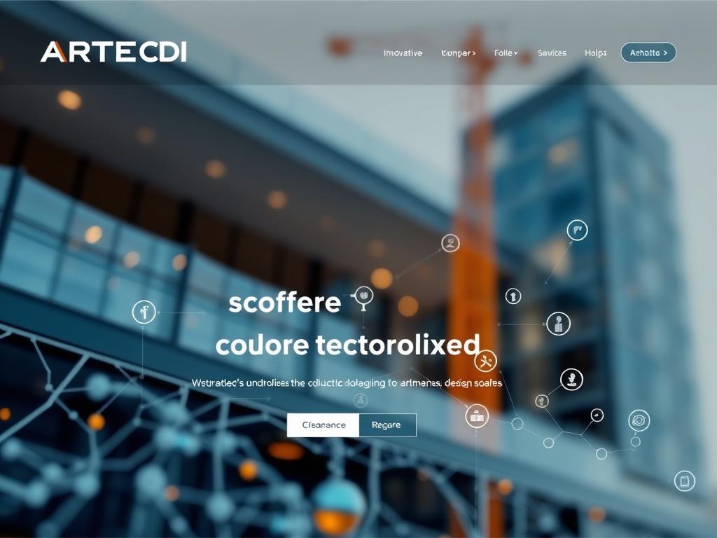 A modern and visually striking website homepage layout featuring architectural elements, technology symbols, and a clear call to action. The design should be professional and reflect the mission of ARTECDI, showcasing innovative construction themes. The composition should include a focus on clean lines, engaging colors, and responsive elements that captivate the viewer's attention.