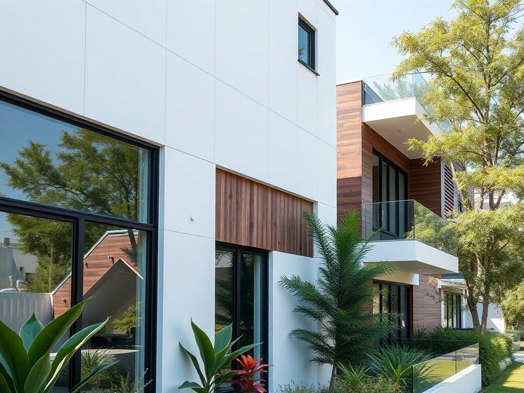 A hyper-realistic close-up photo of a modern minimalist house facade showcasing smooth white panels combined with dark teak wood, large floor-to-ceiling tempered glass windows with black aluminum frames, and clean aesthetic glass railings on balconies. The background features a lush urban garden with ornamental plants and trees, shot with a 45mm f/1.2 lens.