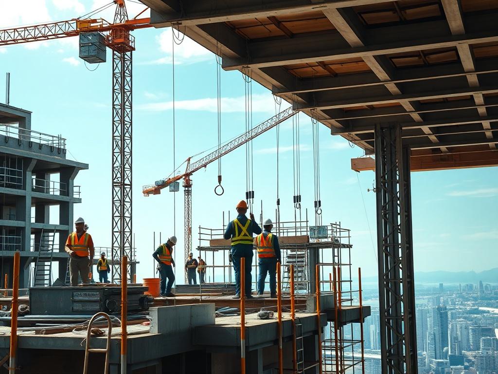 A realistic high-resolution photo of a construction site with workers actively engaged in building a modern structure. The image should showcase cranes, scaffolding, and construction materials, capturing the dynamic nature of the project. The background should include a clear sky and distant city skyline, emphasizing the scale of the construction. The focus should be on the workers and the ongoing project, reflecting teamwork and innovation in construction.