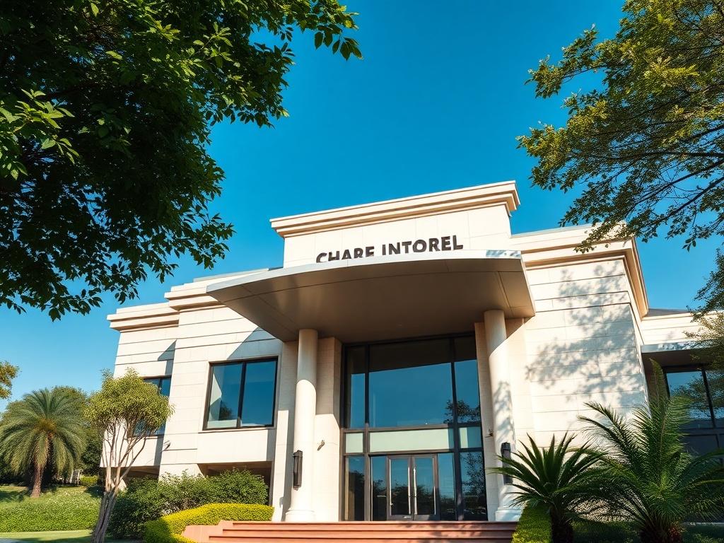 A realistic high-resolution photo of a completed architectural project, showcasing a beautifully designed building with modern aesthetic. The building should be surrounded by lush greenery and a clear blue sky. The composition should highlight the entrance of the building, emphasizing its elegant design and structure. This image should evoke a sense of achievement and satisfaction, representing the culmination of ideas turned into reality.