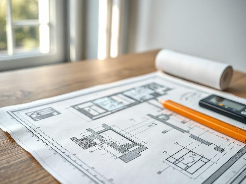 A realistic high-resolution photo of a detailed architectural technical drawing laid on a wooden desk. The drawing should feature intricate designs and measurements, with a pencil and ruler beside it. In the background, there should be soft natural light coming through a window, enhancing the details of the drawing. The composition should focus solely on the drawing and tools, creating a professional and creative atmosphere.