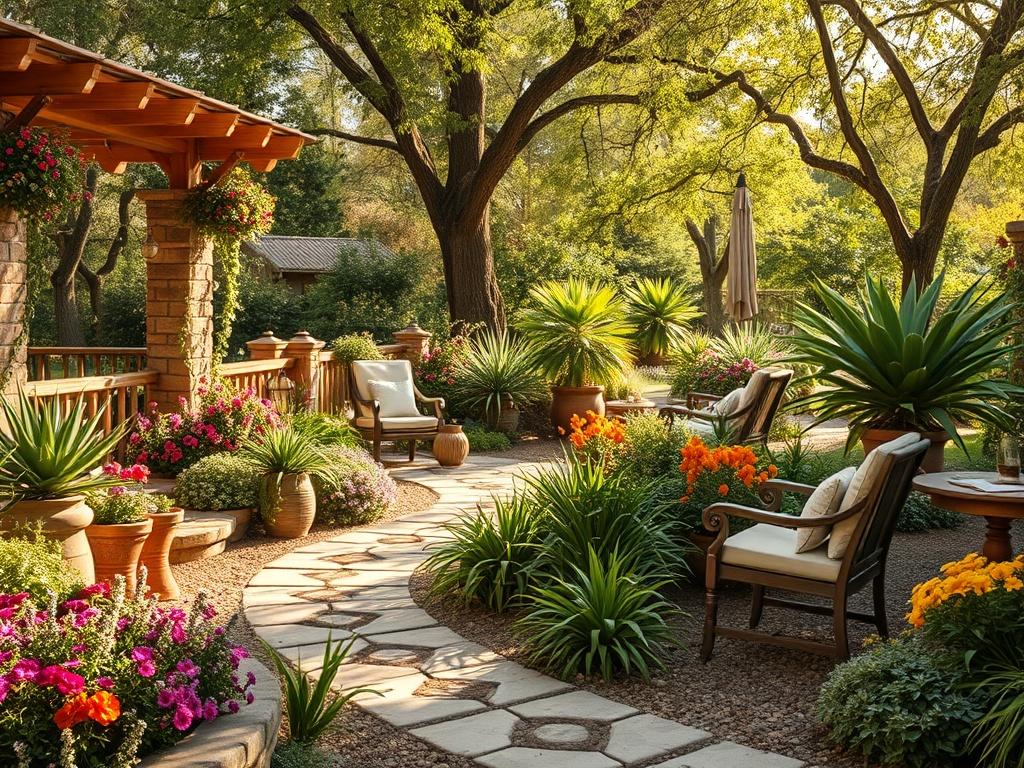 A beautifully designed garden featuring a mix of colorful flowers,