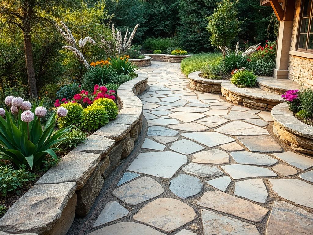 A beautifully designed stone patio with intricate patterns, surrounded by