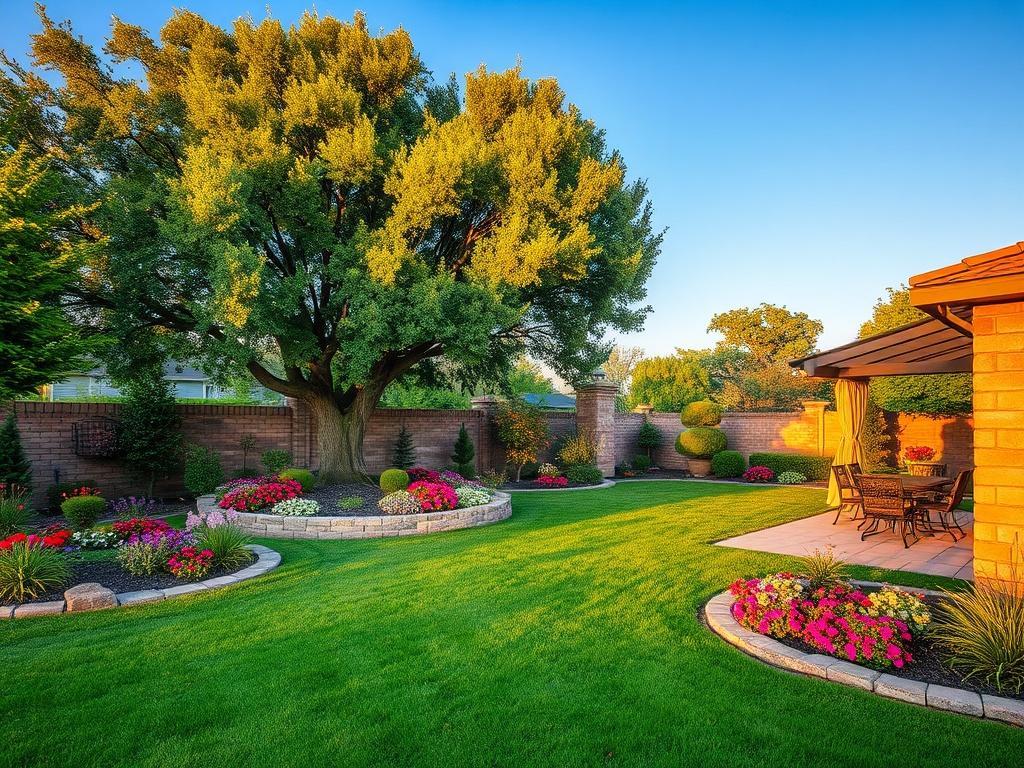 A beautifully landscaped yard featuring lush green grass, vibrant flower beds, and a stylish patio area. The scene should be captured during golden hour to highlight the natural colors and textures. Include a single large tree providing shade, and ensure the background shows a clear blue sky. The overall atmosphere should convey tranquility and the beauty of a well-maintained outdoor space.