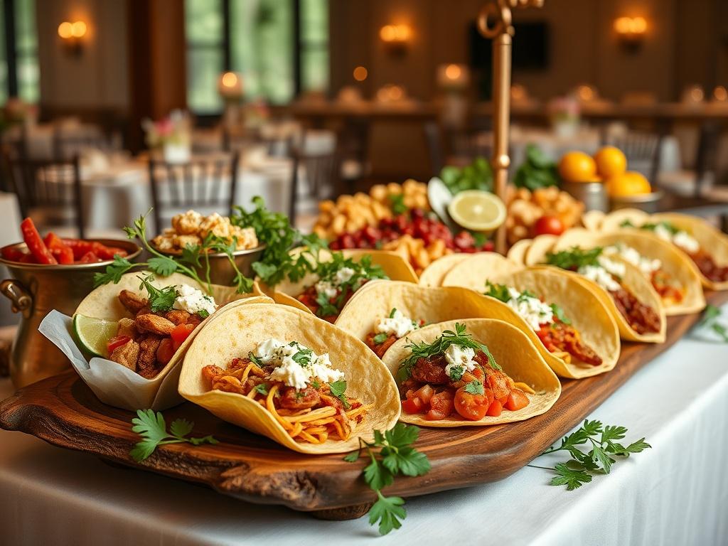 **AI Image Generation Prompt:**

Create a realistic high-resolution photograph featuring an **Artisanal Taco Station with Modern Southern Flair** set in an elegant wedding reception environment. The composition should focus on a single, beautifully arranged taco station as the subject of the image. 

The station should showcase an array of vibrant ingredients, including freshly pressed corn and flour tortillas, premium protein options like bourbon-glazed pulled pork, blackened Gulf shrimp, and herb-crusted 