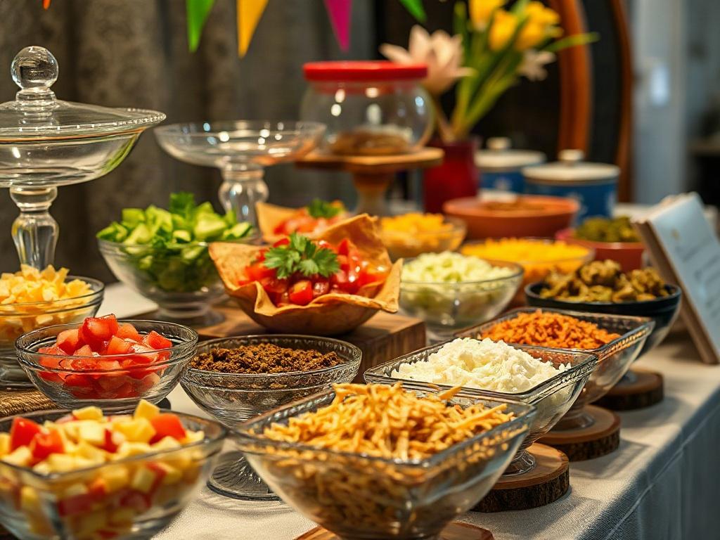 A detailed high-resolution close-up shot of a creative food station at a wedding, featuring a taco bar. Various toppings are displayed in elegant glass bowls, with fresh ingredients like pico de gallo, guacamole, and shredded cheese. The station is adorned with colorful decorations and rustic wooden accents. Soft lighting enhances the atmosphere, inviting guests to customize their own tacos in a festive setting.