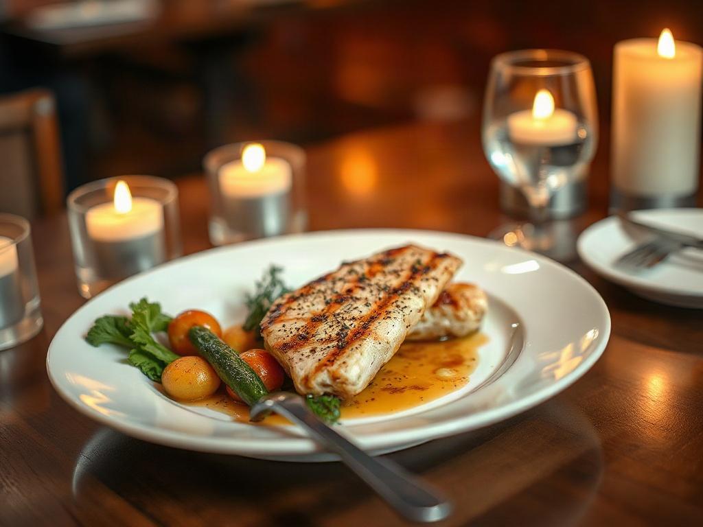 A high-resolution close-up shot of an elegantly plated dinner featuring a beautifully arranged dish with grilled chicken, seasonal vegetables, and a delicate sauce. The plate should be white with intricate garnishing, set on a polished wooden table. In the background, soft, warm candlelight creates an intimate atmosphere, enhancing the luxurious feel of the dining experience.