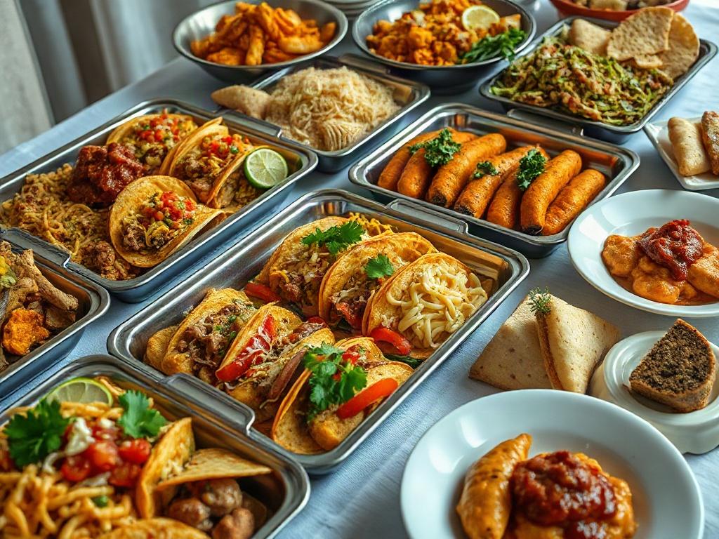 A stunning high-resolution close-up image of a lavish buffet spread showcasing a variety of dishes. The table features colorful trays filled with Southern comfort food, Mexican-inspired tacos, Italian pasta, and an assortment of desserts. Each dish should be artfully arranged with fresh herbs and garnishes, set against an elegant tablecloth. The background should softly blur, highlighting the vibrant colors and textures of the food.