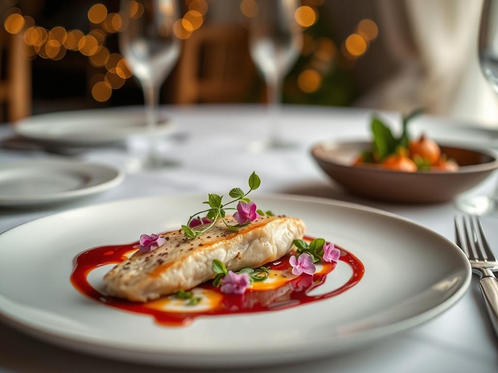 Create a realistic high-resolution photo that embodies the essence of "Crafting Exquisite Wedding Menus." The composition should feature a single, beautifully plated dish as the focal subject, showcasing vibrant colors and intricate details of the cuisine. The dish should reflect Chef Kay's culinary artistry, perhaps a delicate combination of tender floral-infused chicken breast garnished with microgreens, served on an elegant plate with artistic drizzles of a rich sauce.

The background should be softly bl