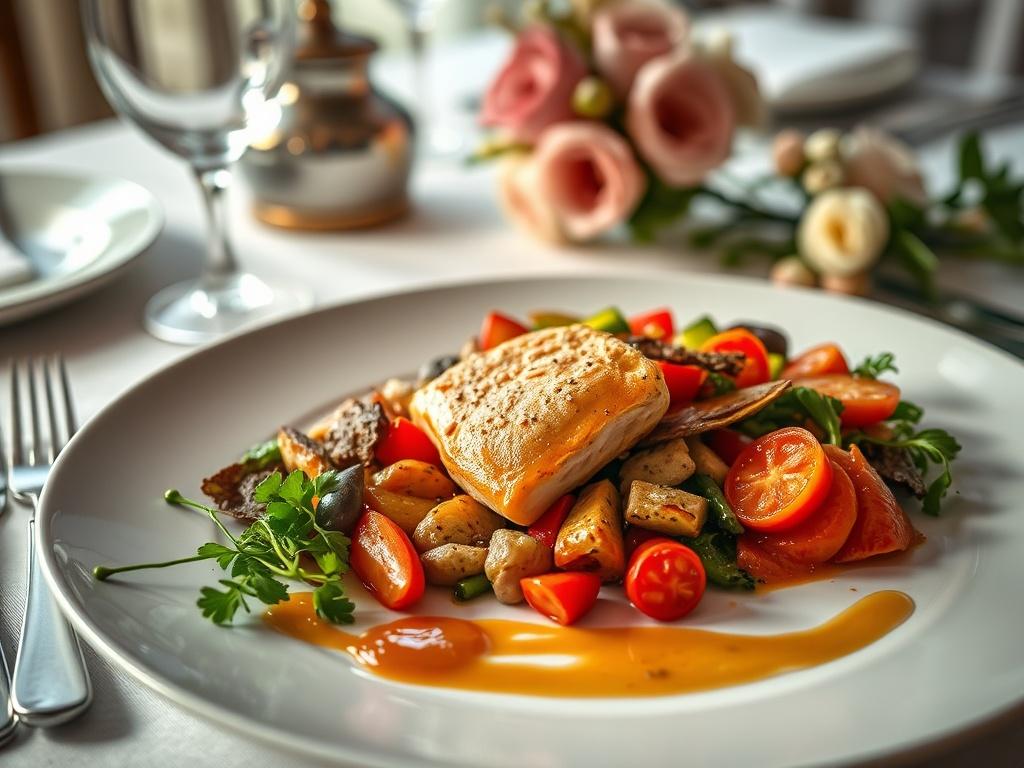 **Prompt for AI Image Generator:**

Create a realistic, high-resolution photo that captures the essence of "Creating the Perfect Wedding Menu." The focal subject should be an elegantly arranged wedding dinner plate, beautifully presented with a gourmet dish that showcases an assortment of vibrant, seasonal vegetables, succulent protein (such as chicken or fish), and a delicate sauce drizzled artistically on the plate. Use soft, natural lighting to highlight the textures and colors of the food, creating a warm and inviting atmosphere.

The background should be a softly blurred table setting adorned with tasteful wedding decor – think delicate white linens, elegant silverware, and soft floral arrangements that hint at a romantic wedding ambiance. Ensure the composition is simple and clear, with the plate positioned centrally to draw the viewer's eye. Avoid any text or abstract shapes; focus instead on the artistry of the food presentation and the overall elegance of the scene.

Optimize for a close-up shot, as if taken with a 45mm f/1.2 lens to enhance the details and depth of field, creating an intimate connection to the experience of crafting a memorable wedding menu.