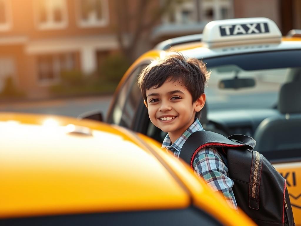 A high-resolution photo capturing a cheerful child getting into a stylish taxi for school. The focus is on the child smiling, wearing a school backpack, with the taxi in the background. The setting is a school driveway with bright morning light. The image should be shot in a hyper-realistic style with a 45mm f/1.2 lens, highlighting the joy of school transportation.