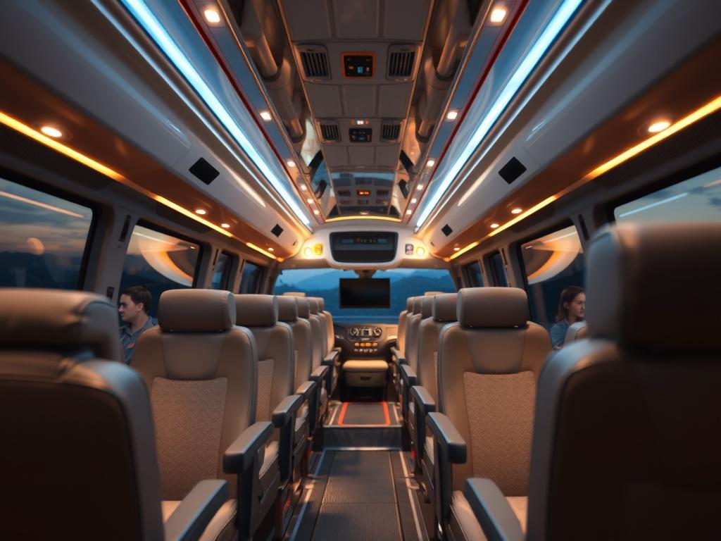 A luxury minibus interior, showcasing plush seating, elegant lighting, and modern amenities. The focus is on a comfortable seating arrangement with high-quality upholstery, a spacious aisle, and ambient lighting that creates a warm and inviting atmosphere. The background should be a blurred view of the minibus windows, hinting at a scenic landscape outside. The composition should be simple and clear, highlighting the luxurious features of the minibus.
