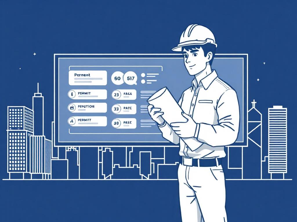 A high-quality illustration of a project manager overseeing a construction permit expediting process. The project manager, a confident individual wearing a hard hat and holding blueprints, stands in front of a digital screen displaying permit statuses. The background features a city skyline, representing urban development, with a focus on clarity and organization. The color scheme should align with a simple clean white line on dark blue style, compatible with the primary color #062767.