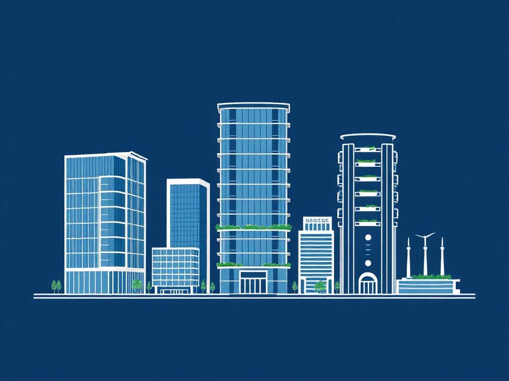 Create a high-quality illustration of a modern city skyline featuring three distinct buildings. Each building should have a unique architectural style, showcasing a combination of glass facades, green terraces, and innovative designs. The skyline should be set against a dark blue background to align with the business's color theme, with clean white lines outlining the buildings. The composition should be simple and clear, focusing solely on the three buildings without any additional elements.