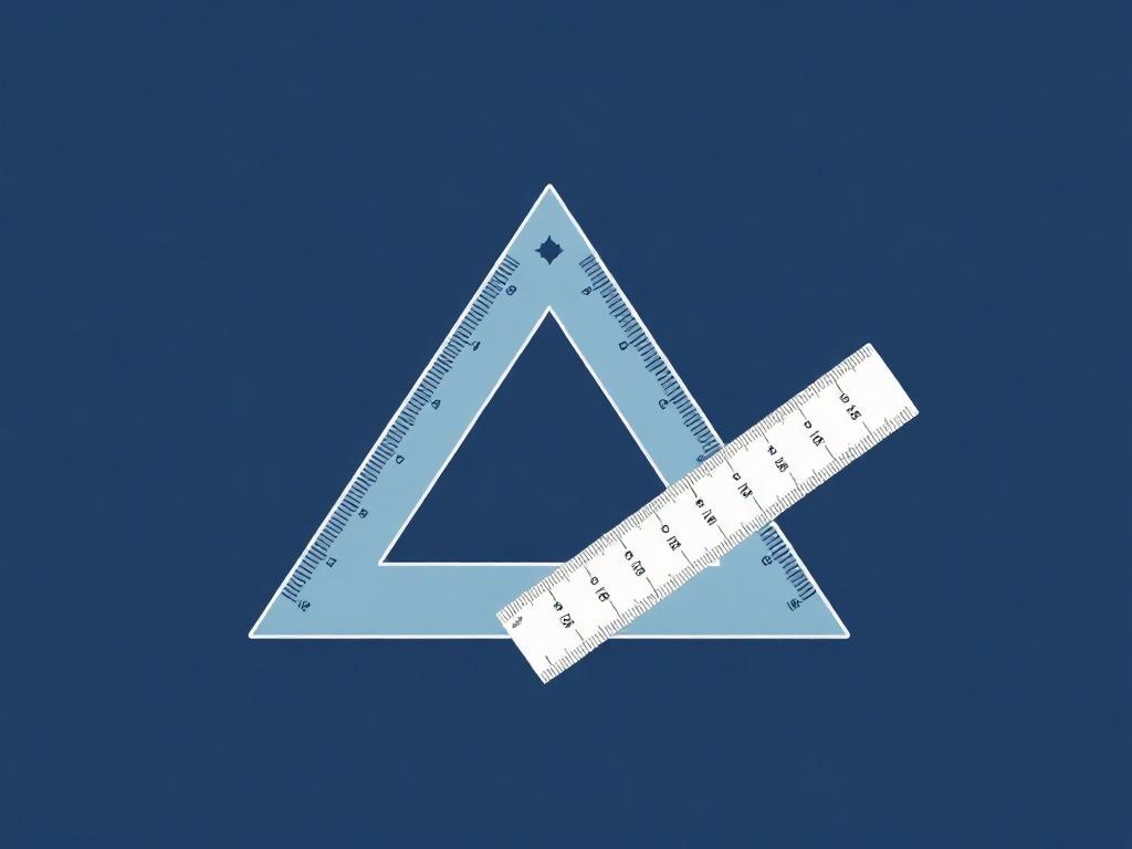 A high-quality illustration of a triangular protractor and ruler. The protractor should be positioned upright, displaying its curved edge and degree markings clearly. The ruler should be placed adjacent to the protractor, showcasing its straight edge and measurement markings. The background should be a simple, solid dark blue color that contrasts with the white line illustration. The overall composition should be clean and minimal, focusing solely on the protractor and ruler.