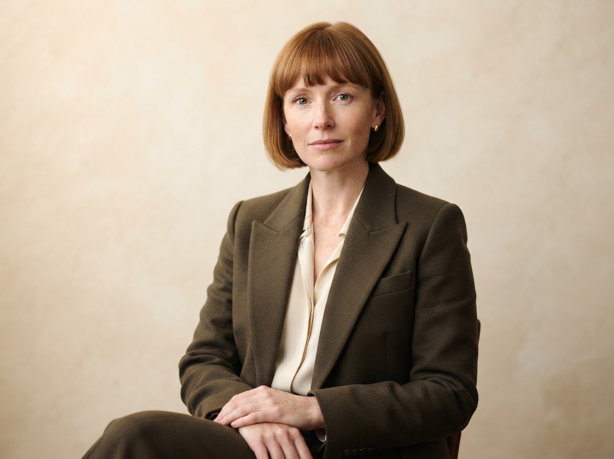 Imogen Clarke, freckled woman with a short auburn bob wearing a dark structured jacket.