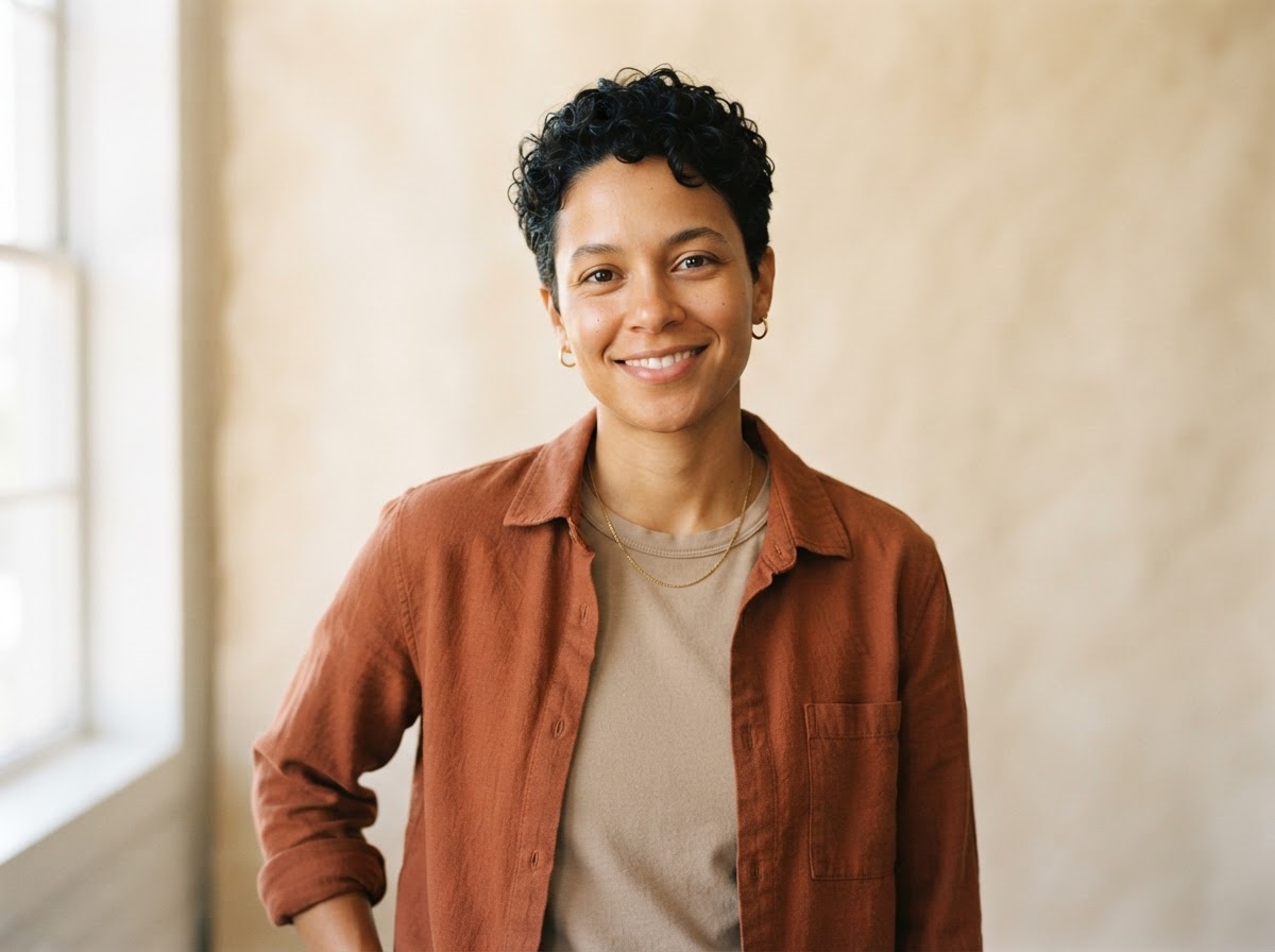 Noah Bennett, tan-skinned nonbinary person with short textured curls in a rust overshirt.