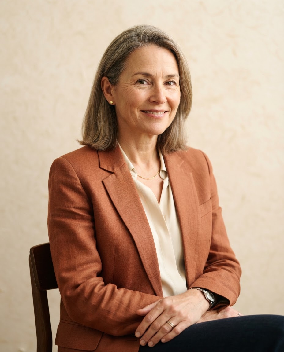 Eleanor Hayes, silver-brown-haired woman in a terracotta blazer, photographed in a warm studio setting.