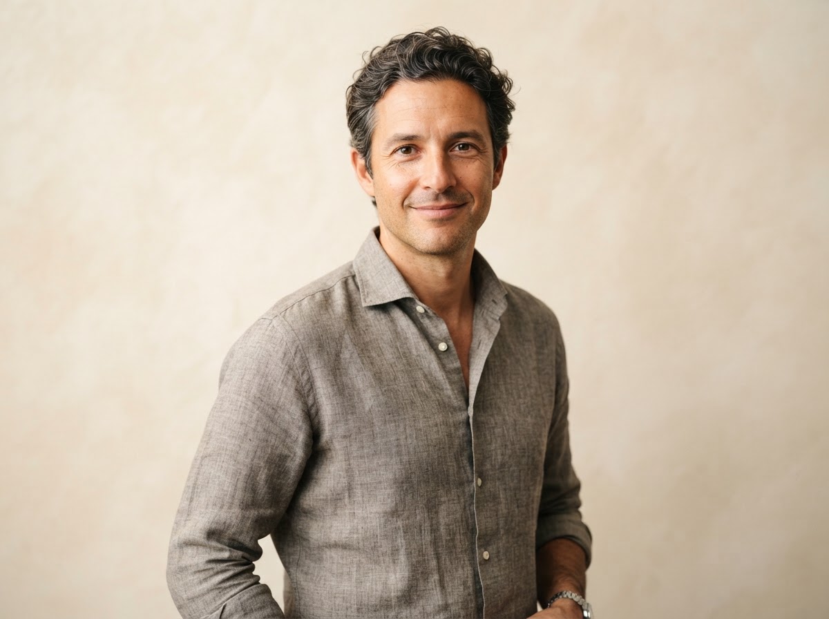 Daniel Mercer, olive-skinned man with wavy dark and silver hair in a warm gray work shirt.