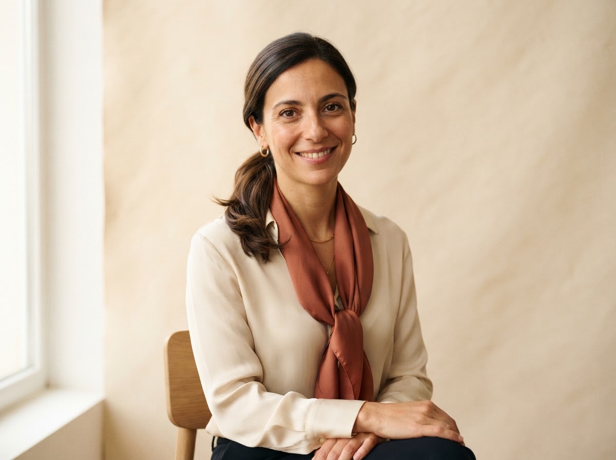 Sofia Romano, Italian woman with dark hair tied back, wearing a cream blouse and terracotta scarf.