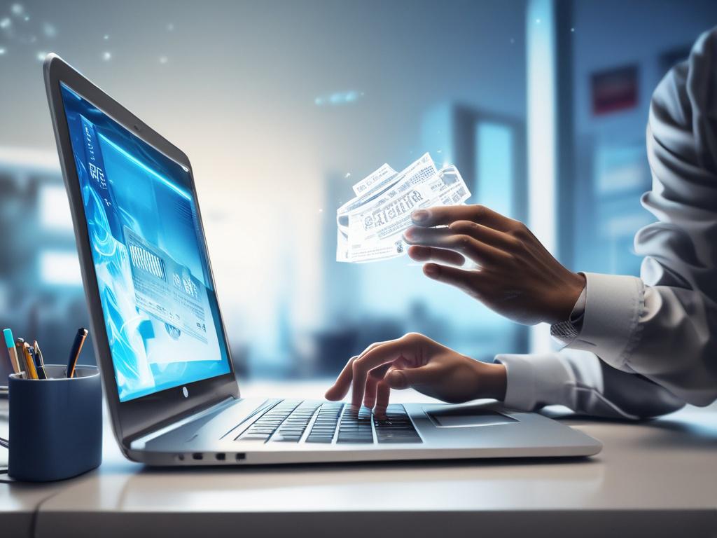 A person happily purchasing concert tickets on a modern laptop
