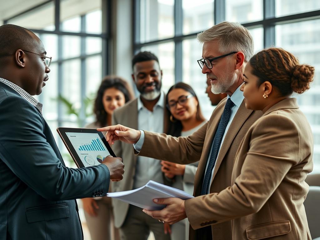 A realistic high-resolution photo of a confident financial advisor consulting with a diverse group of clients in a modern office setting. The advisor is pointing to a digital tablet displaying financial graphs and data, while the clients, a mix of ethnicities, are engaged and taking notes. The background features a sleek office design with large windows letting in natural light, showcasing a professional and inviting atmosphere. The color palette includes soft greens and neutral tones, emphasizing trust and