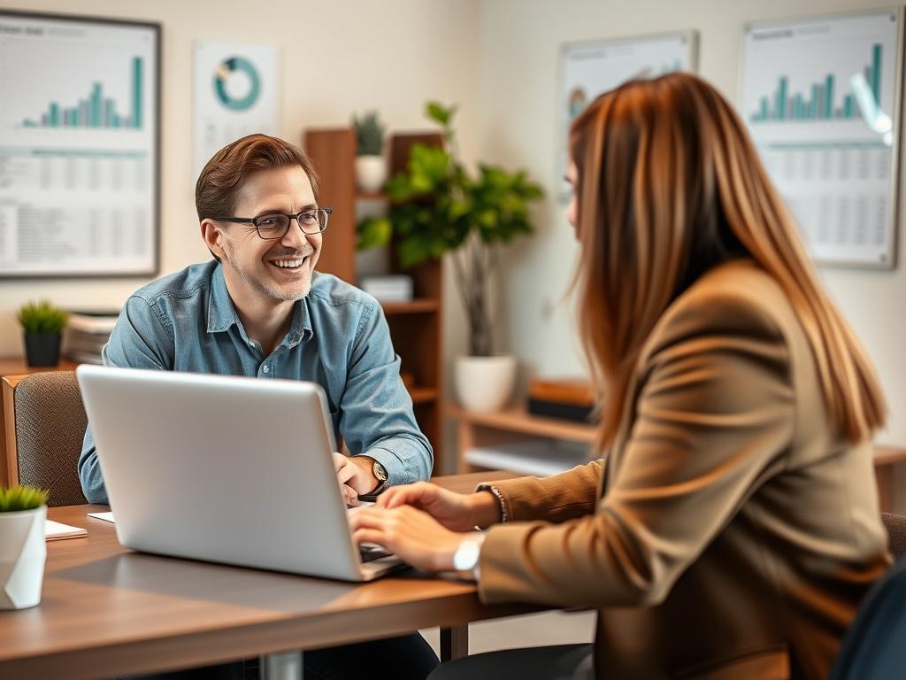 A friendly financial consultant sitting at a desk with a laptop, smiling and talking to a client. The background shows a cozy office environment with financial charts on the wall. The image should have a warm, inviting feel, capturing the essence of a welcoming consultation.