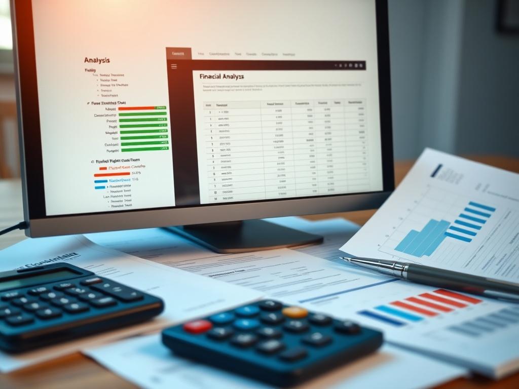 Close-up of a computer screen displaying a financial analysis report, surrounded by financial documents and a calculator. The scene should convey an atmosphere of analysis and attention to detail, highlighting the importance of credit review.