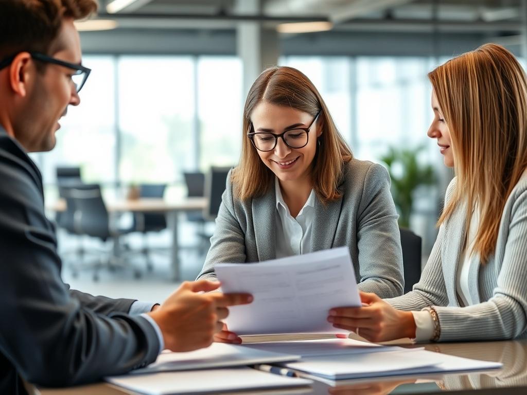 A supportive financial advisor reviewing application documents with a client in a modern office setting. The focus should be on collaboration and teamwork, highlighting the advisor's commitment to helping the client succeed.