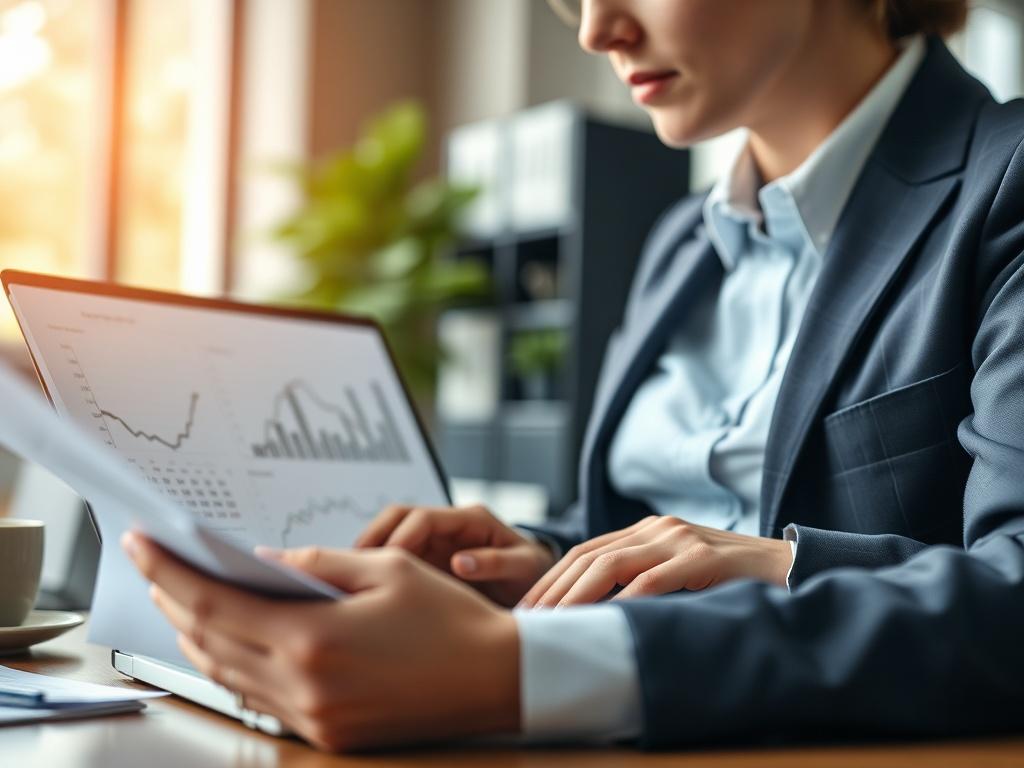 A close-up shot of a person reviewing financial documents with a laptop open, displaying graphs and charts. The background is a soft-focused office setting with natural light. The subject is actively engaged in analyzing data, showcasing a sense of professionalism and concentration. The color palette should include elements that complement rgb(162, 175, 127), such as soft greens and neutrals.