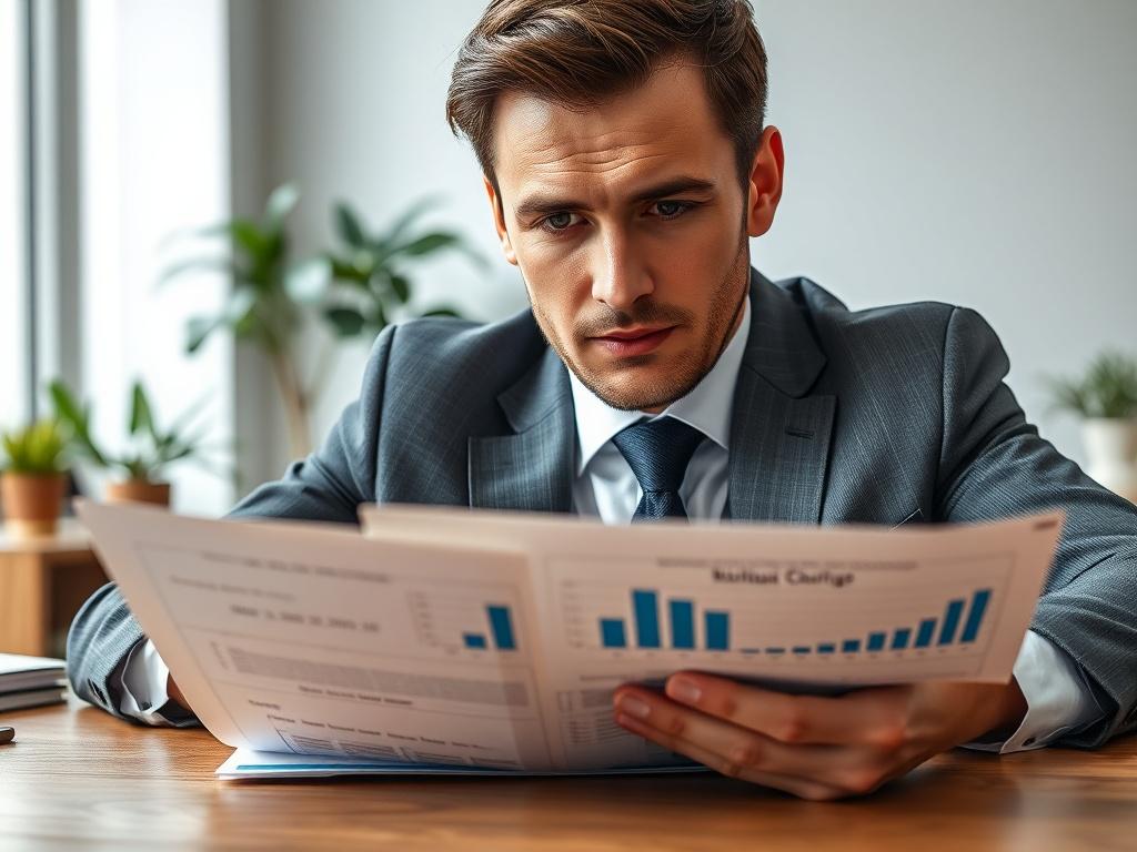 A close-up shot of a confident man, dressed in formal attire, reviewing financial documents on a wooden desk. The background should be a well-lit office space with a subtle hint of greenery. The man's expression should convey focus and determination, emphasizing the importance of financial awareness and credit score management. The image should showcase the details of the documents, with graphs and figures visible, representing credit scores and financial data.