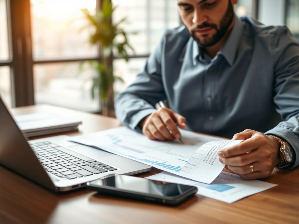 A high-resolution close-up shot of a confident individual analyzing financial documents on a desk, with a smartphone and a laptop open, displaying financial graphs and data. The background is a softly blurred office environment with natural light filtering through a window, creating a warm and inviting atmosphere. The individual appears focused and engaged, embodying the theme of financial empowerment and expertise.