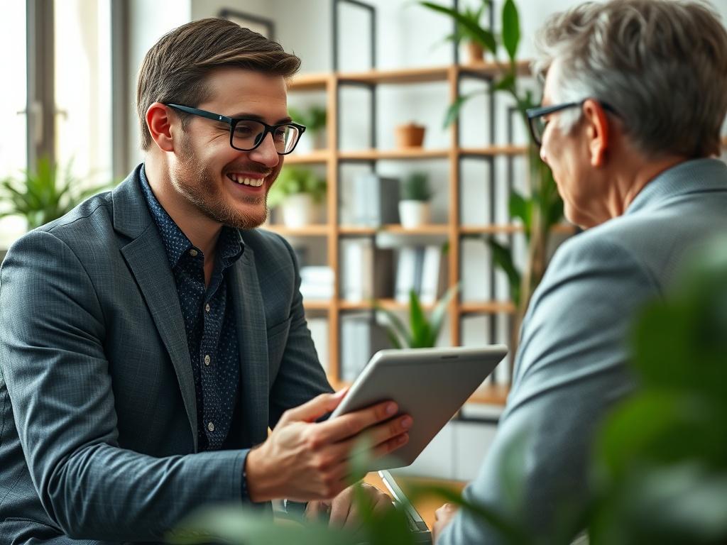 A close-up portrait of a financial advisor engaged in a discussion with a client, showcasing a warm and professional demeanor. The advisor is using a tablet to present financial options, surrounded by a modern office environment with soft, natural lighting. The background features a bookshelf with financial literature and plants to create an inviting atmosphere. The image should be rendered in high resolution, compatible with the rgb(50, 170, 39) primary color.