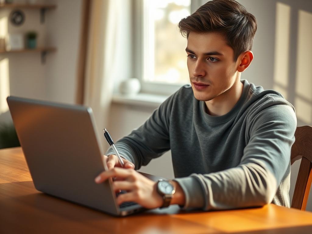 Create a realistic high-resolution image of a thoughtful individual sitting at a wooden desk, gazing intently at a laptop screen displaying graphs and charts related to credit scores. The person is a young adult with a confident yet inquisitive expression, reflecting focus and determination. The subject should be casually dressed, embodying a relatable and approachable vibe, as they take notes with a pen in their right hand. The background should be softly blurred to emphasize the individual and the laptop,