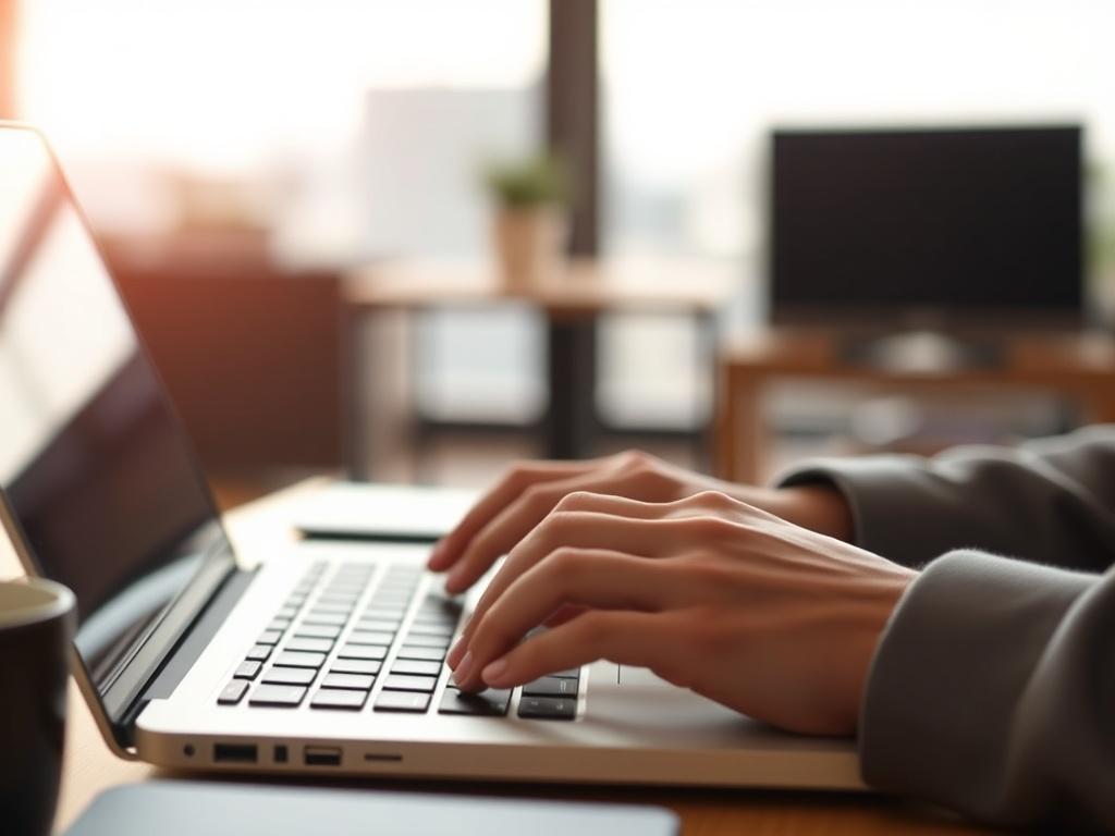 A close-up shot of a person using a laptop, focused on their hands typing on the keyboard. The background is softly blurred, showcasing a modern, well-lit workspace. The color scheme incorporates warm tones to reflect an inviting and professional atmosphere, emphasizing the theme of searching for financial solutions.