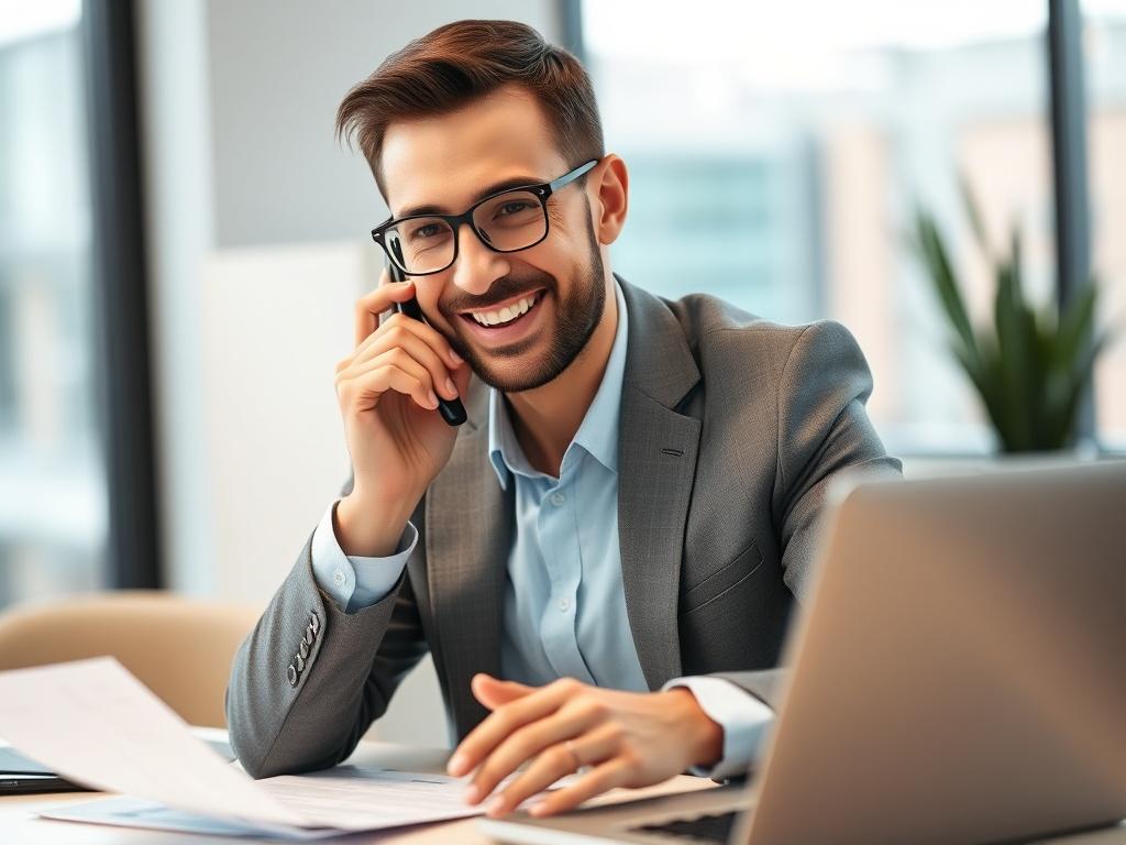 A close-up shot of a friendly financial consultant speaking on the phone, showcasing a warm and inviting expression. The background is softly blurred to emphasize the consultant, who is seated at a modern desk with a laptop and financial documents visible. The lighting is bright and professional, conveying a sense of trust and reliability.