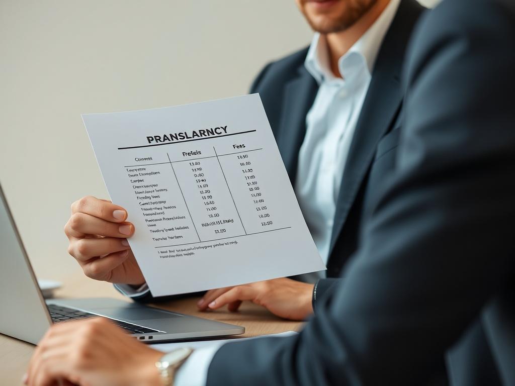 A close-up shot of a professional consultant sitting at a desk with a laptop, engaged in a discussion with a client. The consultant gestures towards a clear document outlining fees, showcasing a transparent and professional environment. The background features soft, neutral colors, creating a calm atmosphere. The composition focuses on the consultant and the document, highlighting the theme of transparency in financial services.