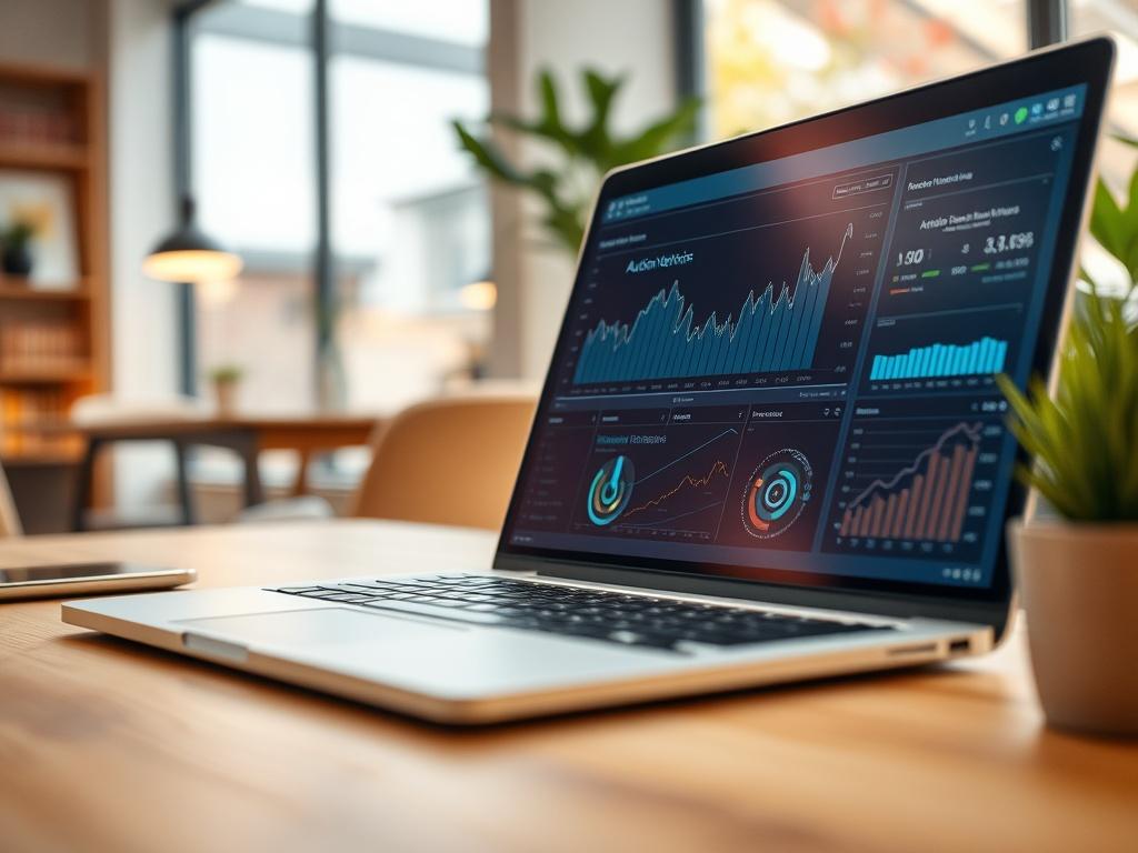 A close-up shot of a laptop displaying a sophisticated financial dashboard, with graphs and data visualizations indicating auction networks. The background should be a modern workspace with warm, inviting colors, and a hint of natural light coming from a window. The composition should focus solely on the laptop, highlighting the screen's content, while maintaining a clean and professional aesthetic.