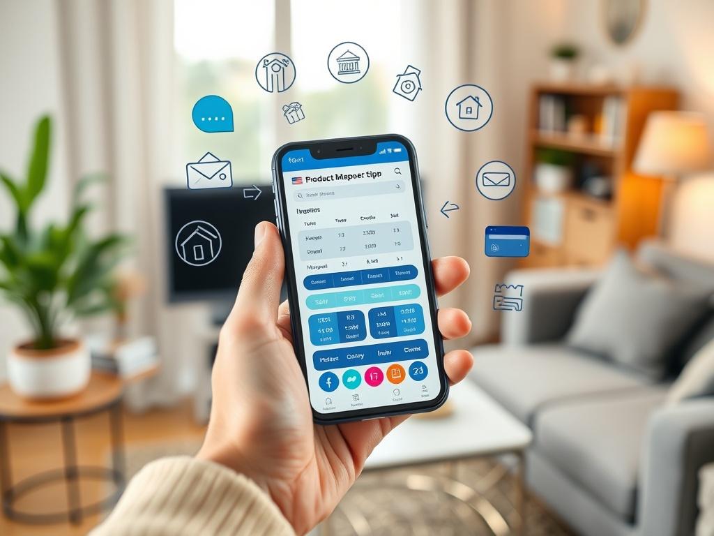 A close-up image of a hand holding a smartphone displaying a financial product comparison app, with icons of loans, mortgages, and credit cards around it. The background should be a cozy home office, emphasizing a user-friendly technology experience.