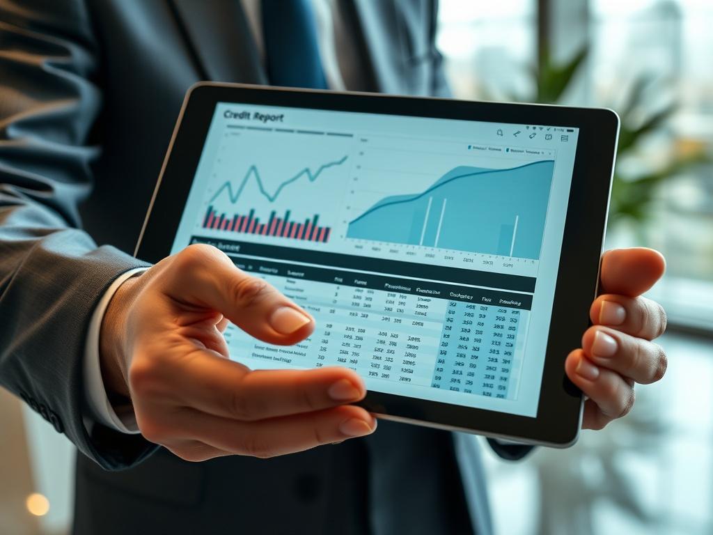 A close-up shot of a financial expert analyzing a credit report on a digital tablet, with graphs and data visible on the screen. The background should be a modern office setting, with soft lighting to create a professional atmosphere.